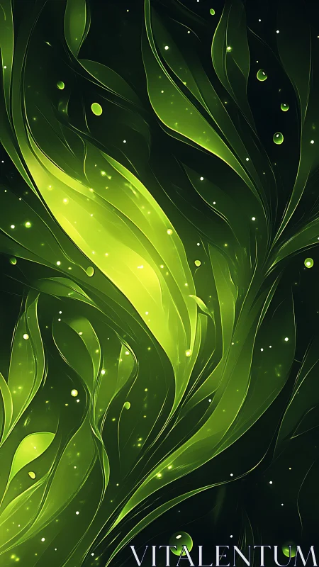 Glowing emerald leaves swirl through a dark luminous void.