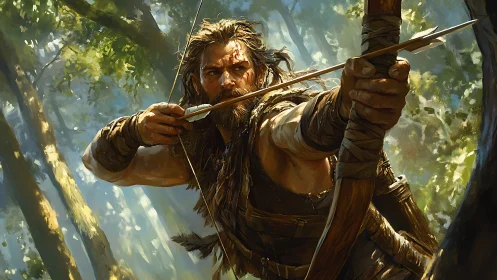 Rugged archer drawing longbow in dappled forest light
