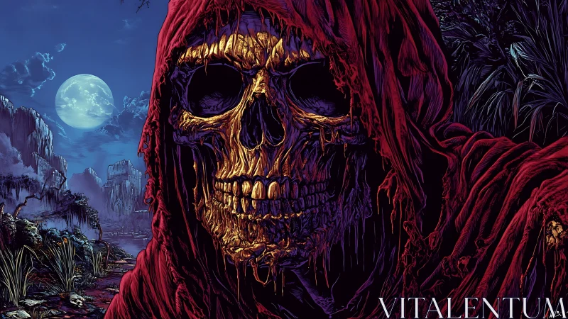 Hooded skeletal figure in red cloak under moonlit sky.
