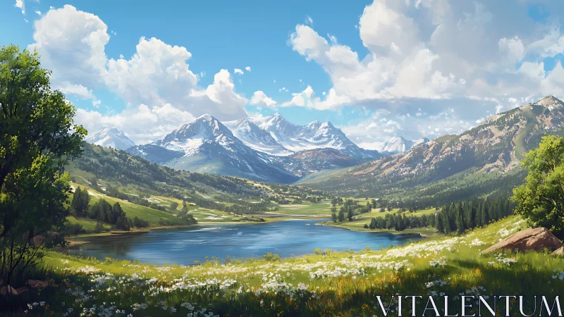 Mountain lake valley under crisp midday light. Period.