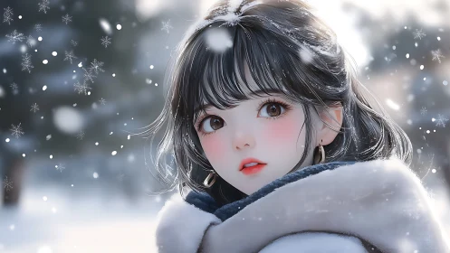 Soft winter portrait of wide-eyed girl in falling snow.