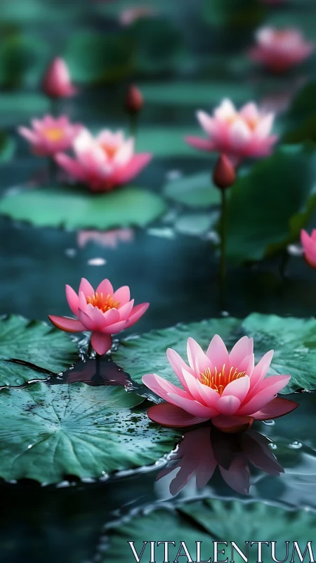Pink water lilies across calm pond surface at dusk.