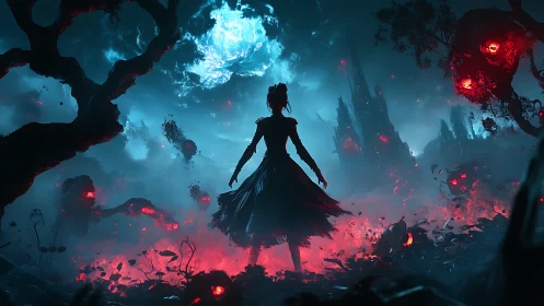 Silhouetted figure in red-lit wasteland under blue rift sky.