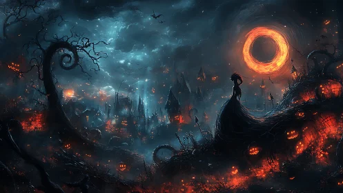 Silhouetted figure observes nocturnal landscape under fiery ring