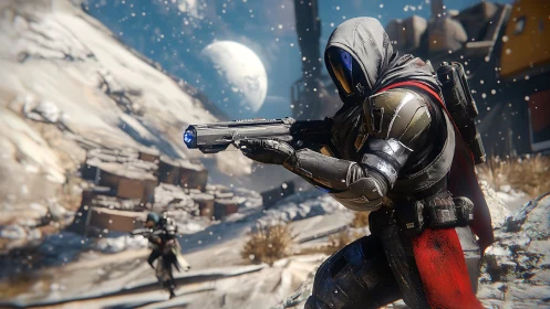 Armored sci fi marksman aiming rifle on frozen exoplanet.