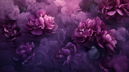 Velvety violet peonies drifting in dreamy twilight mist.