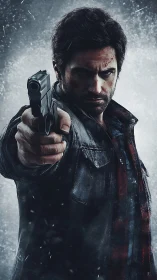 Gritty armed survivor aiming handgun in icy storm.