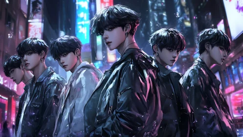 Neon-lit urban clones in reflective jackets, nocturnal panorama.