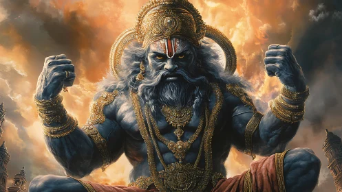 Divine warrior deity emerges in stormlit celestial power