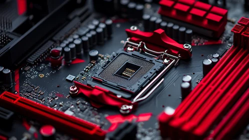 Gaming motherboard CPU socket with red heatsinks and slots