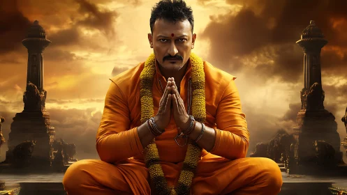 Man in orange robes meditates before temple pillars at dusk