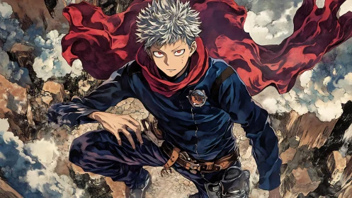 Storm-scarred canyon hero in crimson-scarf ascent.