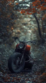 Rustic motorcycle rests on a misty forest path at dusk.