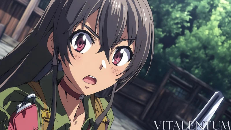 Battle-ready anime heroine freezes in sudden forest alarm.