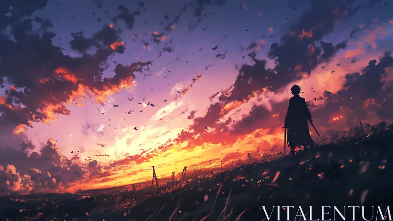Lone swordsman gazes over a blazing, windswept sunset sky.