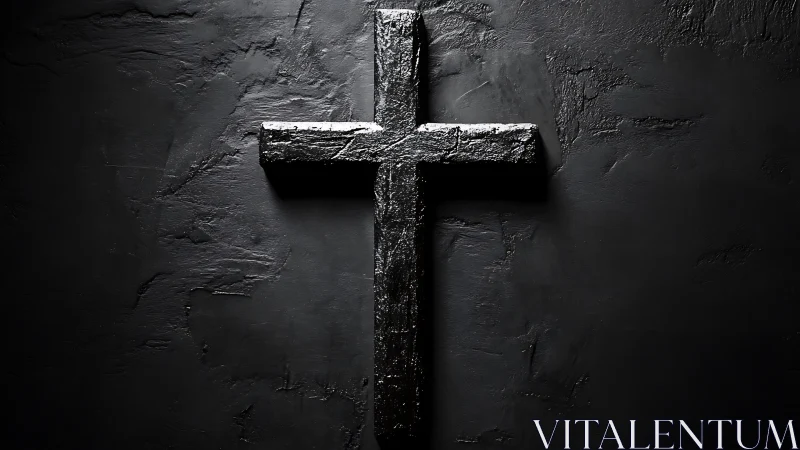 Textured black cross against a quiet, shadowed wall.