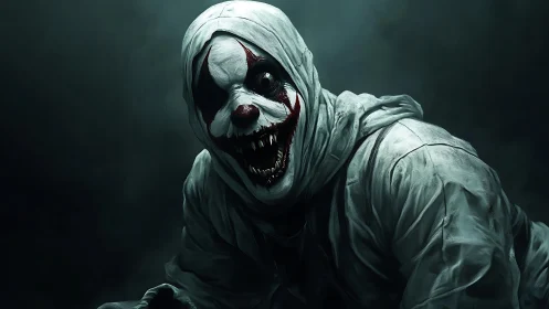Monstrous hooded clown lunges through cinematic low key fog.