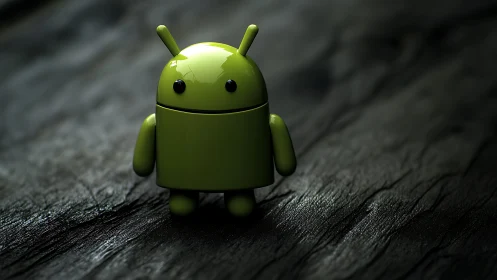 Glossy green android mascot rendered on dark textured surface