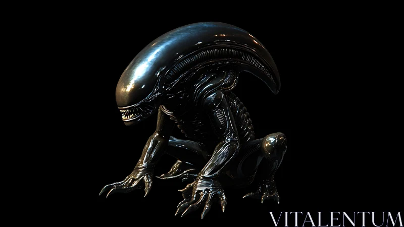 Midnight biomech guardian crouched in glossy shadowed calm.