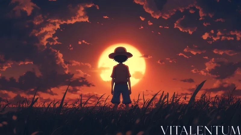 Silhouetted child in straw hat stands before intense sunset