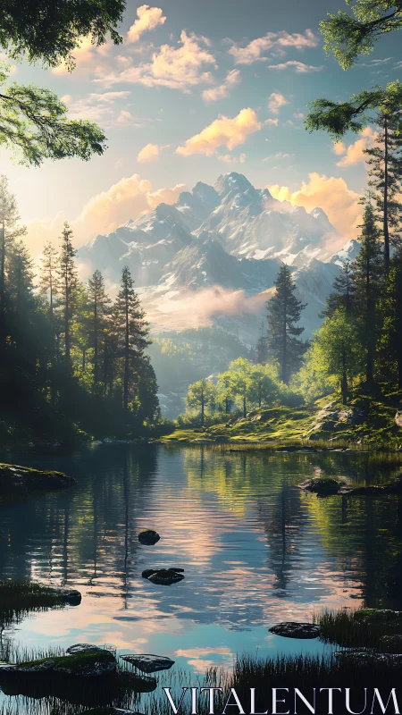 Mountain lake sunrise with pine forest reflections.