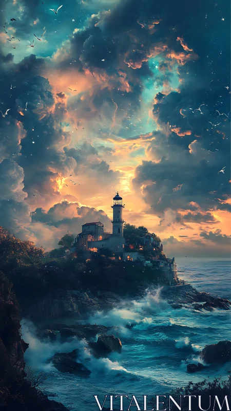 Lighthouse on Rocky Coastal Island at Sunset.