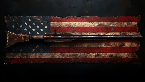 Rusty rifle lies across distressed American flag surface