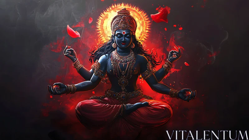 Radiant blue goddess in fiery meditation and quiet power.