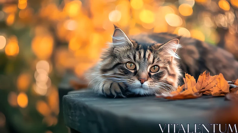 Tabby Cat at Rest Against Golden Autumn Bokeh.