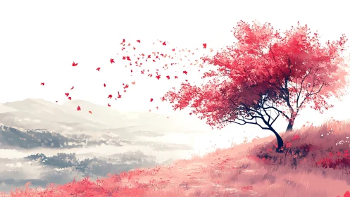 Wind-swept crimson tree disperses foliage over misty valley