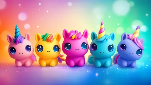 Row of stylized unicorn figures is displayed on gradient background