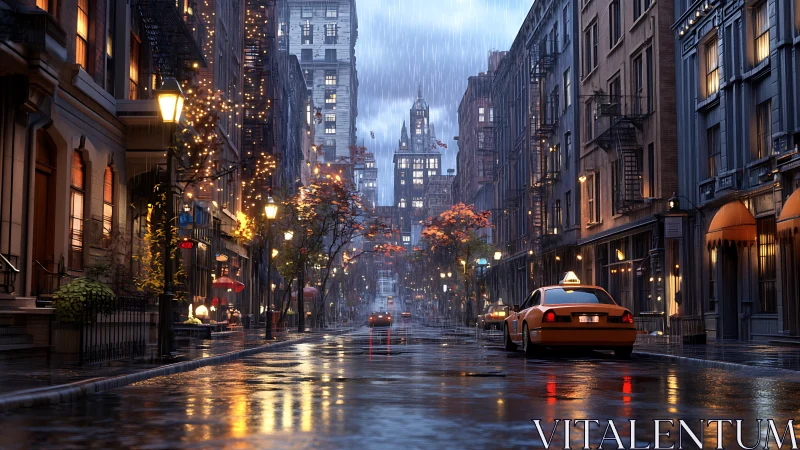 Rainy evening city street with taxis and wet reflections.