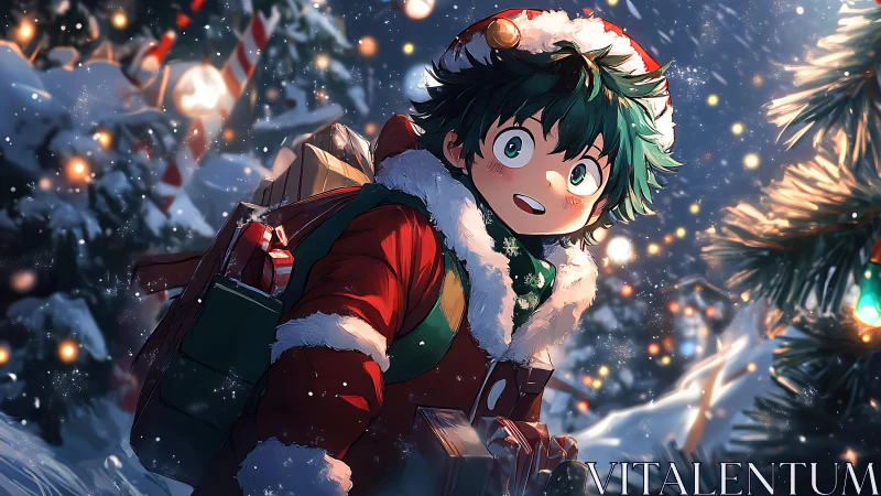 Green haired boy in red Santa coat carrying gifts outdoors.