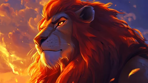 Fiery sunset lion profile in warm dramatic lighting.