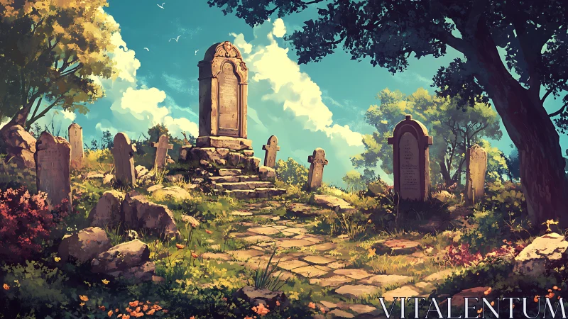 Sunlit hillside graveyard where quiet stones drink daylight.