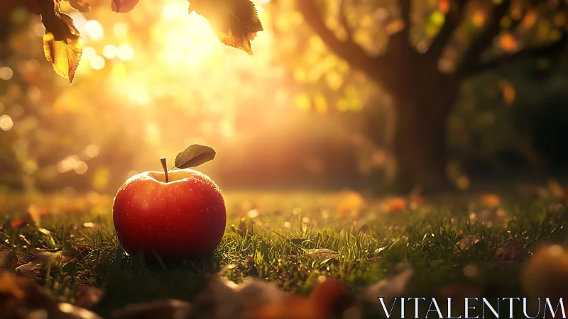 Red apple on grass in warm sunset orchard light scene.