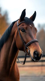 Chestnut horse portrait glows against soft autumn backdrop.