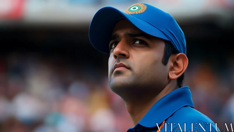 Cricket player in blue cap looking up during match.