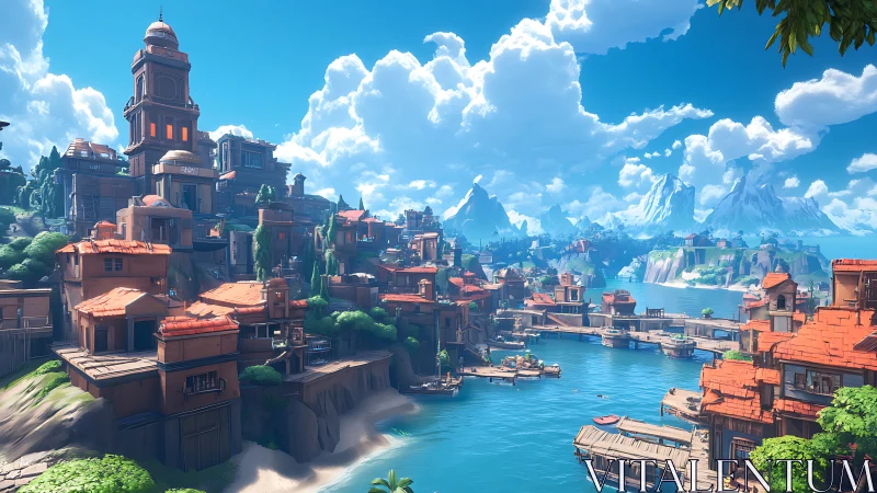 Steampunk Harbor City Rendered in Digital Art Style.