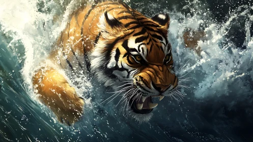Tiger in dynamic forward motion through turbulent water.
