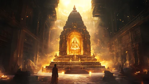 Golden temple sanctuary glows with quiet spiritual warmth