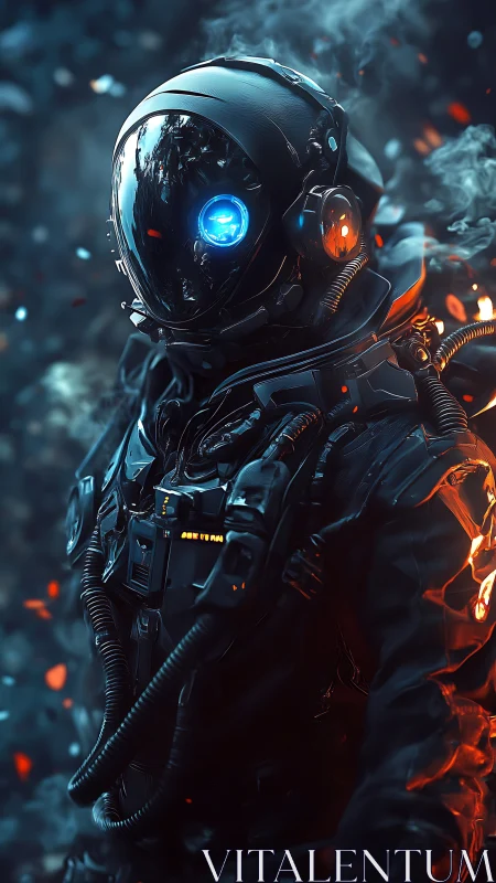 High-spec exosuit astronaut in volatile ember-filled atmosphere