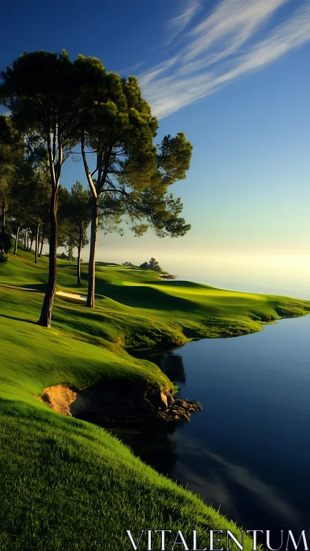 Coastal golf fairway with pond under clear evening sky.