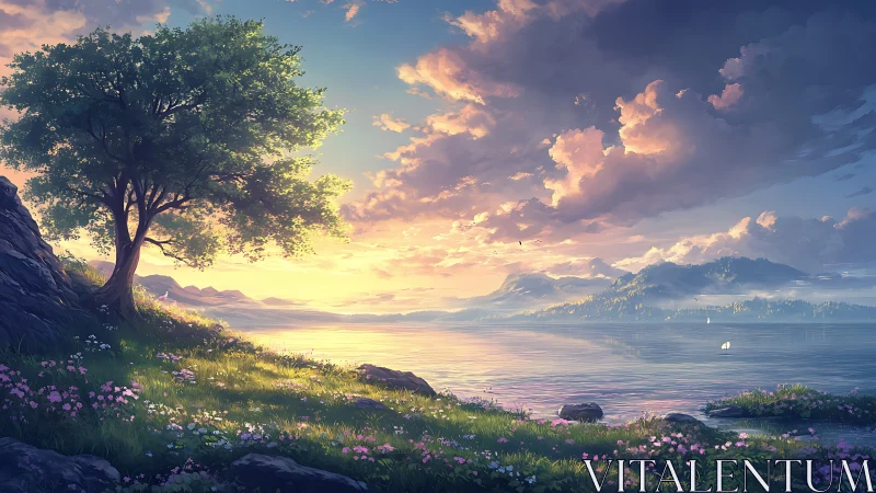 Tree-lined lakeshore with distant mountains at sunset.