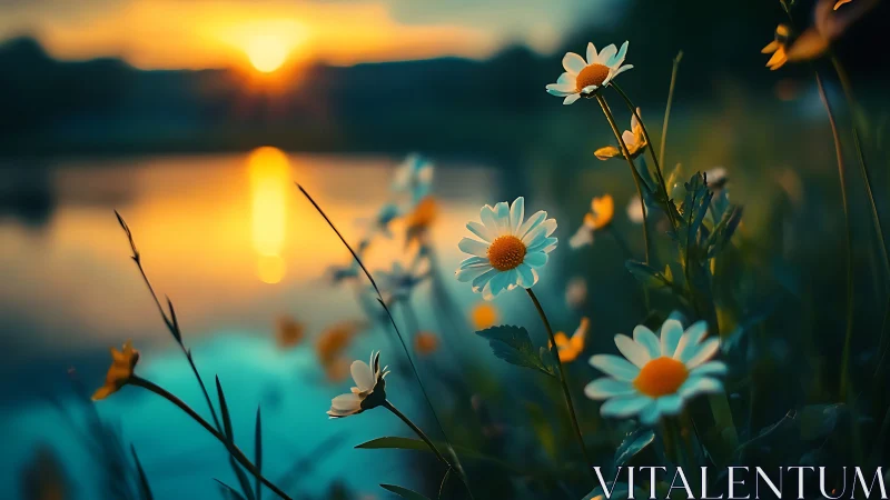 Daisies Drink Liquid Sunlight While Water Mirrors Evening's Golden Glow