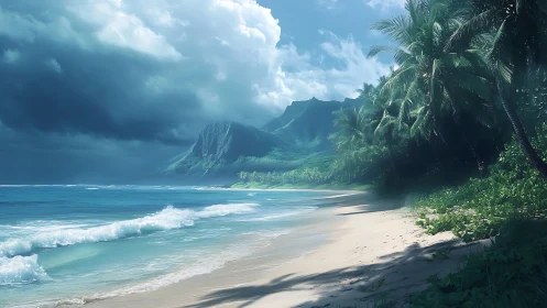 Tropical Paradise Beach with Dramatic Coastline and Lush Vegetation