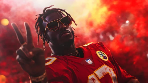 Football fan in red jersey posing with peace sign gesture.