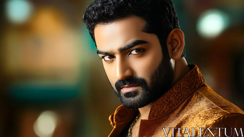 Intense bearded portrait in lustrous golden attire.