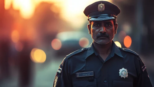 Resolute police officer stands guard in warm city dusk light