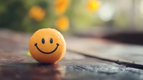 Yellow smiley stress ball rests on worn wooden surface